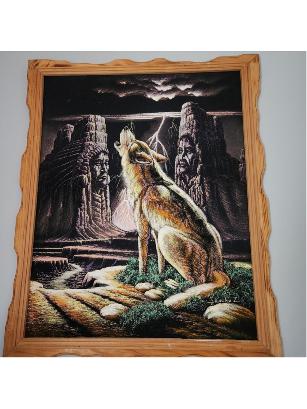 Handmade oil painting of a wolf howling at the moon with lightning and stone fac
